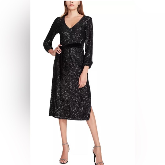 Betsey Johnson Dresses & Skirts - Betsey Johnson V-neck sequin midi dress with velvet belt XL black